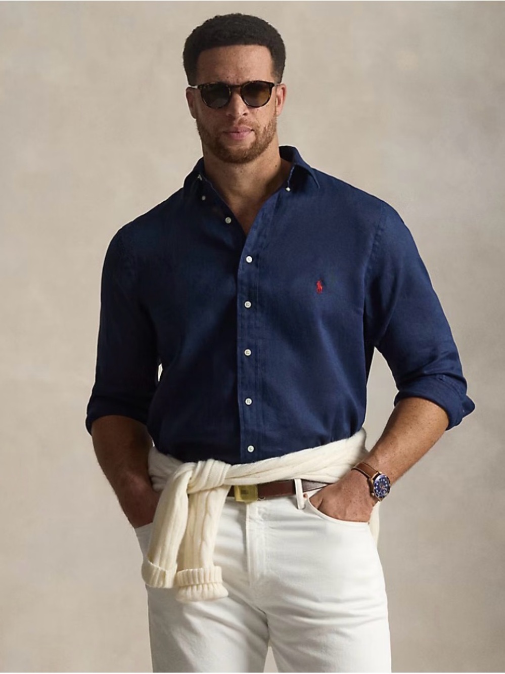 Ralph Lauren Navy 100% linen Button-Down Shirt with Red Pony